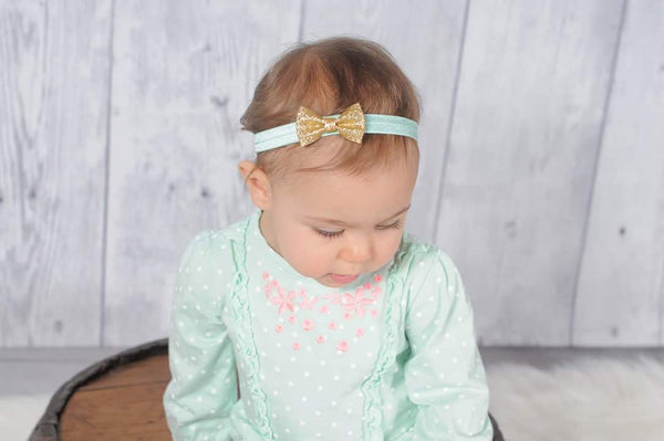 Aqua and Gold Headband, Gold Mini Bow Headband - LoliBean