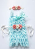 Coral & Aqua First Birthday Set, Lace Romper, Birthday Sash - LoliBean