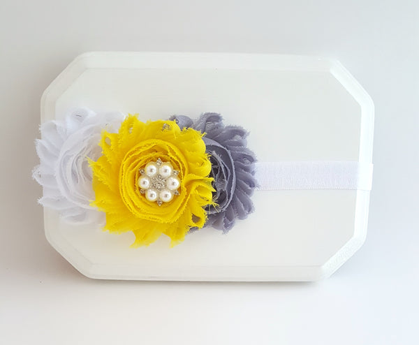 Yellow and Gray Headband, Triple Flower Headband - LoliBean