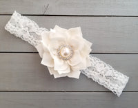 Ivory Lace Baptism Headband, Flower Girl Headband - LoliBean