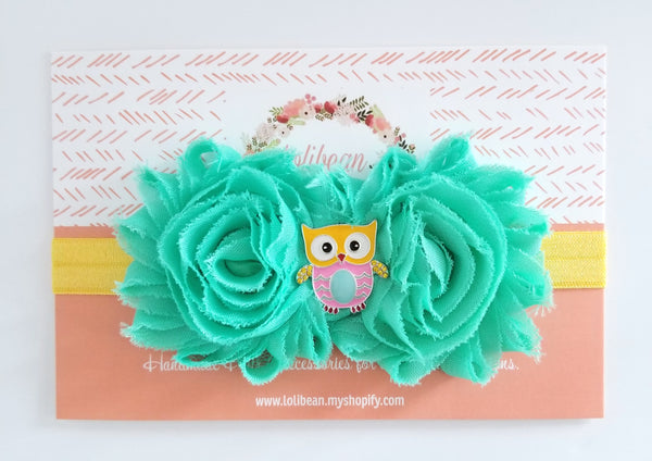 Owl Headband, Aqua and Yellow Headband - LoliBean
