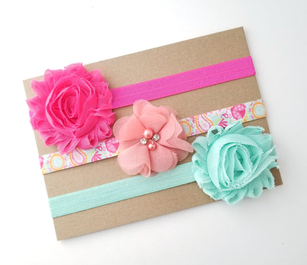 Pink and Aqua Headband Set, Peach Headband, Aqua Headband, Hot Pink Headband - LoliBean
