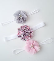 Set of 3 Headbands, Pink and Gray Baby Headband Set - LoliBean