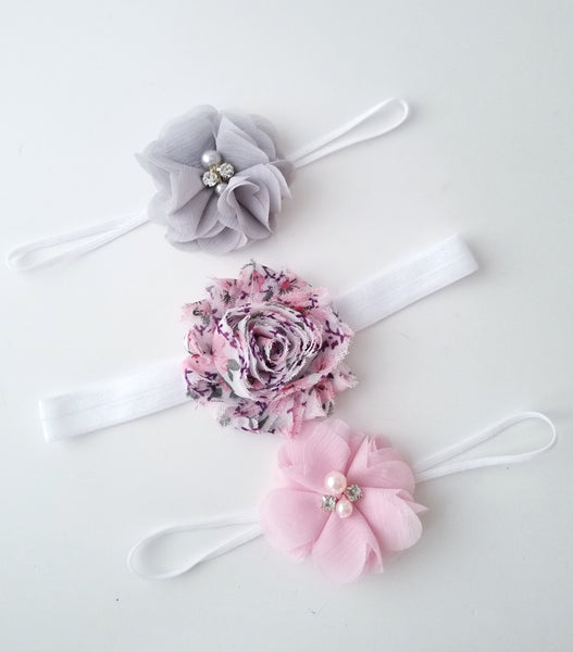 Set of 3 Headbands, Pink and Gray Baby Headband Set - LoliBean