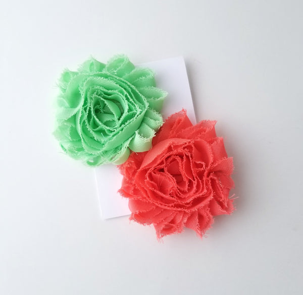 Set of 2 Chiffon Flower Hair Clips in Lime and Coral