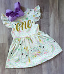 Unicorn 1st Birthday Dress with Matching Bow