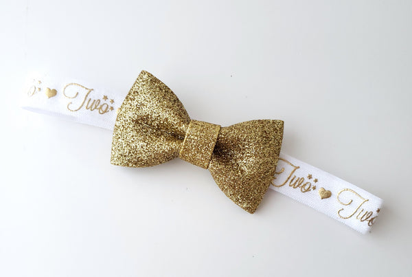 Second Birthday Headband, Gold and White Birthday Bow