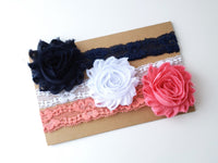 Set of 3 Lace Baby Headbands, Navy Blue and Coral Headbands