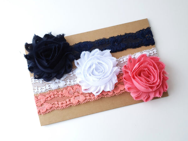 Set of 3 Lace Baby Headbands, Navy Blue and Coral Headbands