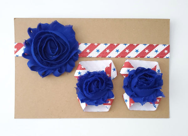 Patriotic Barefoot Baby Sandals and Matching Headband