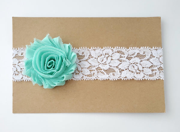 Aqua Lace Headband, White Headband, Newborn Headband, Girl's Lace Headbands