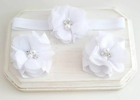 White Barefoot Baby Sandals and Headband Set - LoliBean