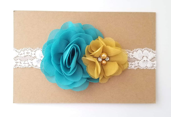 Teal Mustard and Ivory Lace Headband