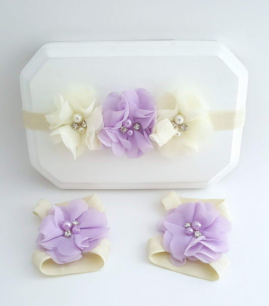 Ivory and Lavender Barefoot Sandals and Matching Headband - LoliBean